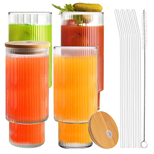 Vozoka Ribbed Glasses, 16 Oz Vintage Drinking Glasses with Lids and Straws Set of 4, Clear Fluted Glass Cup, Reusable Iced Coffee Cups for Coffee, Juice, Beer, Whiskey, Cocktail | Amazon (US)