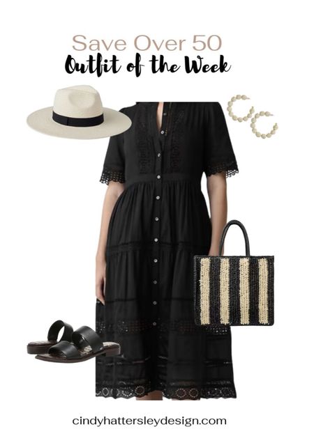 Cheap Chic over50 Outfit with black eyelet midi straw bag and hat black flat sandals

#mididress #strawhat #strawbag

#LTKstyletip #LTKSeasonal #LTKover40