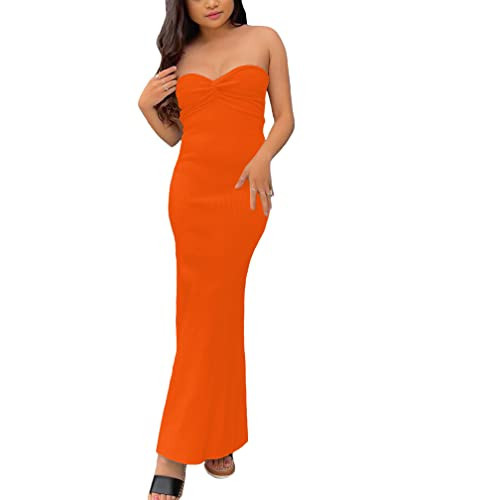 WFHFNJW Women Sexy Twist Knot Front Ribbed Knit Bodycon Bandeau Tube Dress Casual Solid Strapless Maxi Long Dress(L US Women,Orange) | Amazon (US)