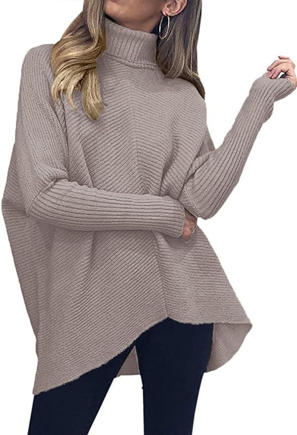 ANRABESS Womens Turtleneck Long Batwing Sleeve Asymmetric Hem Casual Pullover Sweater Knit Tops a... | Amazon (US)
