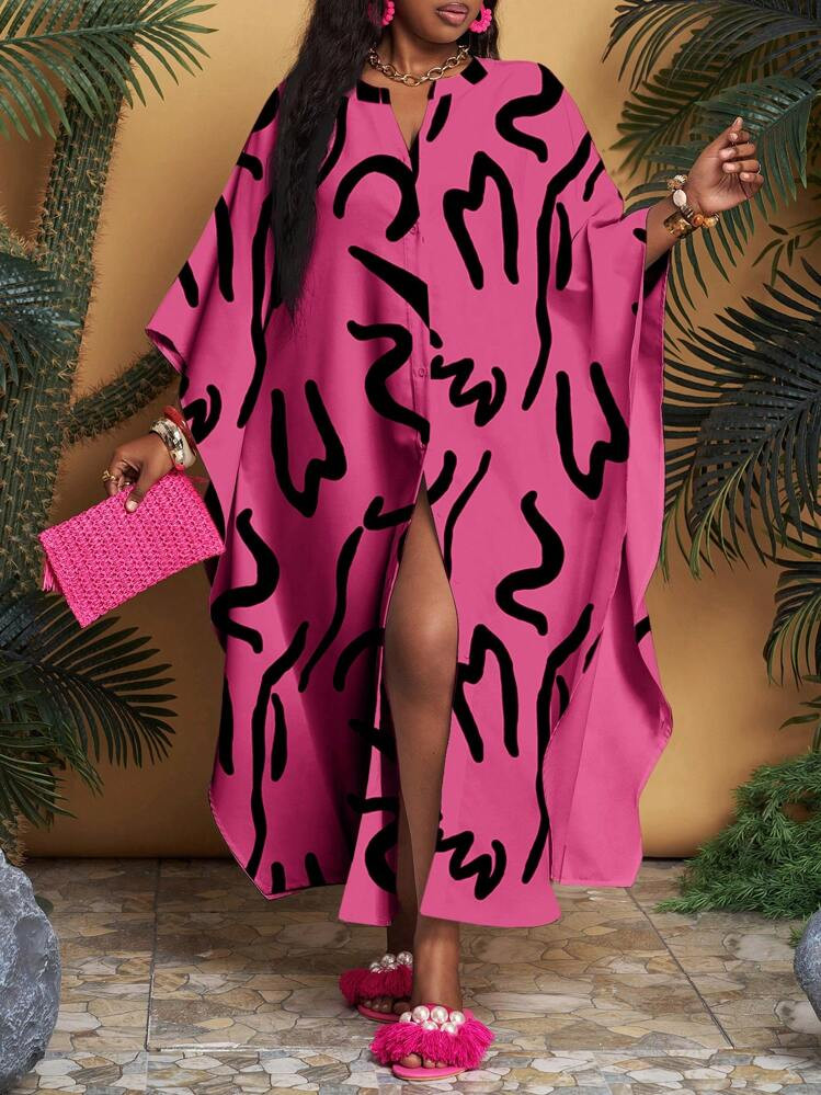 Slaydiva Plus Size Casual & Elegant Daily Dress, Loose Shirt Style One-Piece Design, Artistic Font Print, Long Dress For Women, Spring/Summer | SHEIN