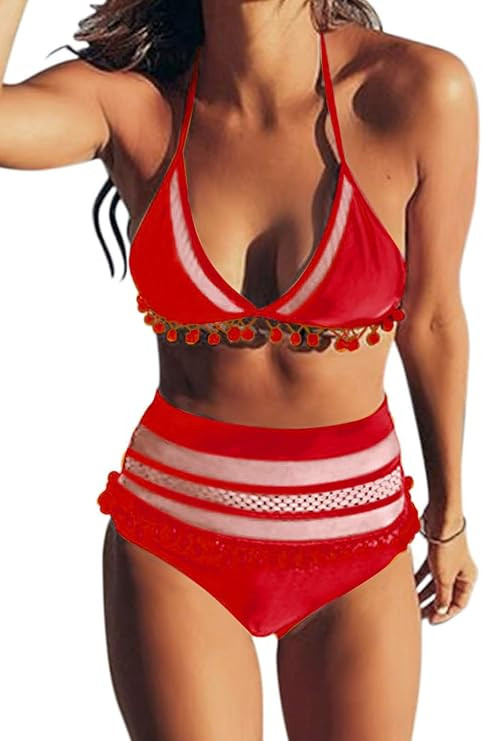 Dokotoo Womens High Waist Two Pieces Bikini Set Striped Tassel Swimsuit | Amazon (US)