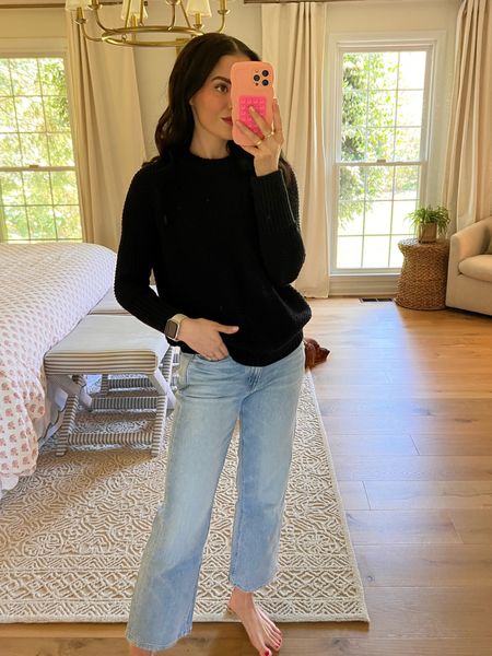 Classic comfy spring outfit / small in Alice walk black sweater / 24 in AYR jeans