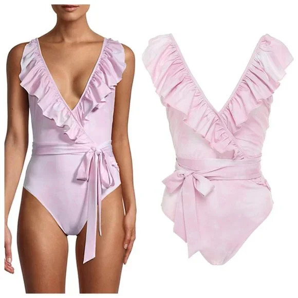 NWT LoveShackFancy Jasper Pink Tie Dye Ruffle Plunge Swimsuit | Poshmark