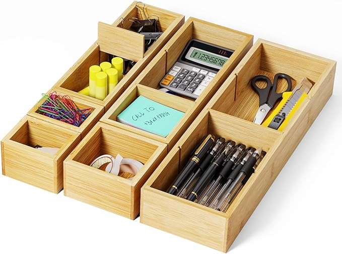 Bamboo Drawer Organizer Set, 6 PCS Desk Drawer Organizer Trays with 12 Compartments, Wood Storage... | Amazon (US)