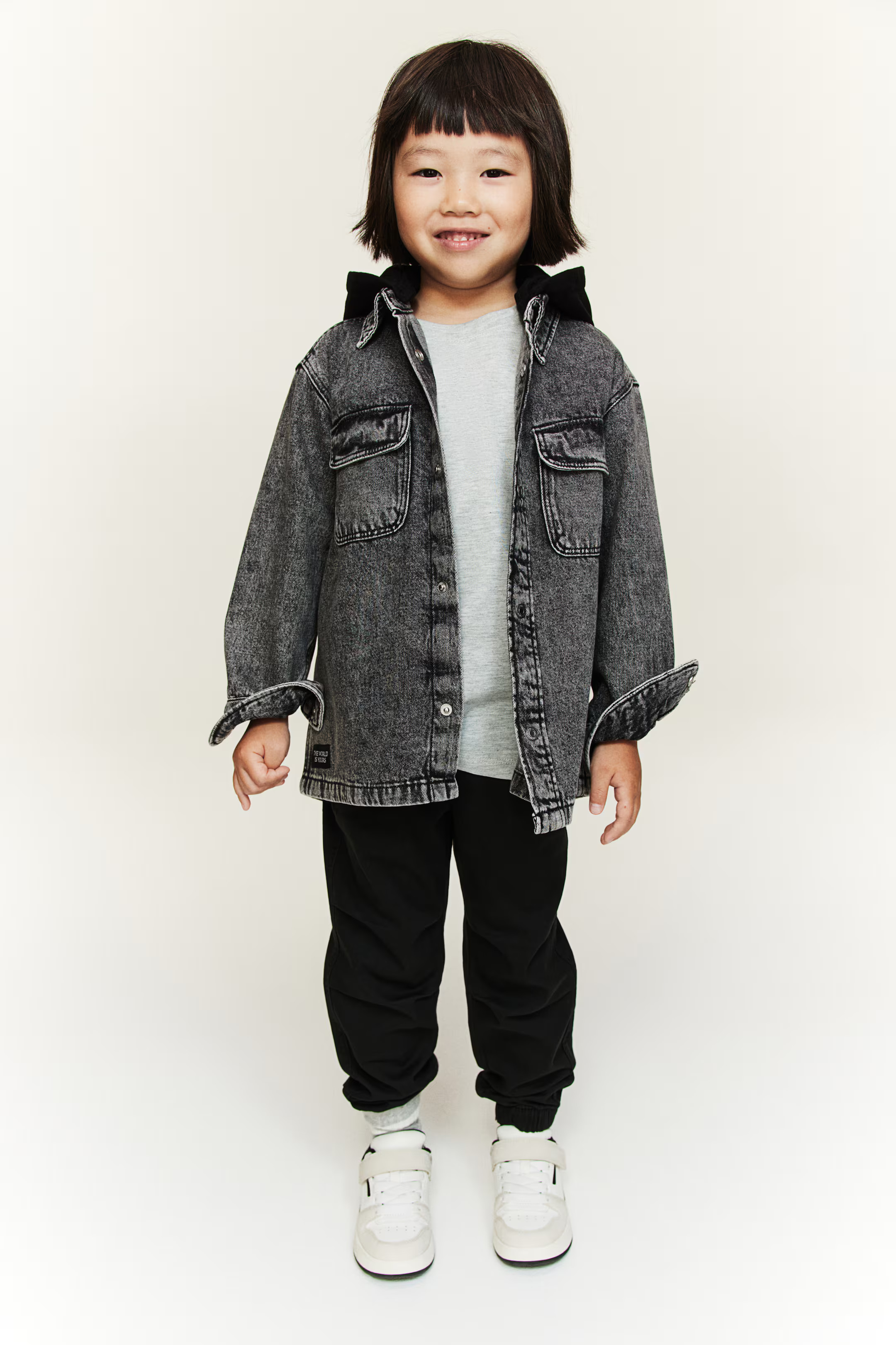 Hooded Denim Overshirt - Round Neck - Long sleeve - Gray/black - Kids | H&M US | H&M (US + CA)