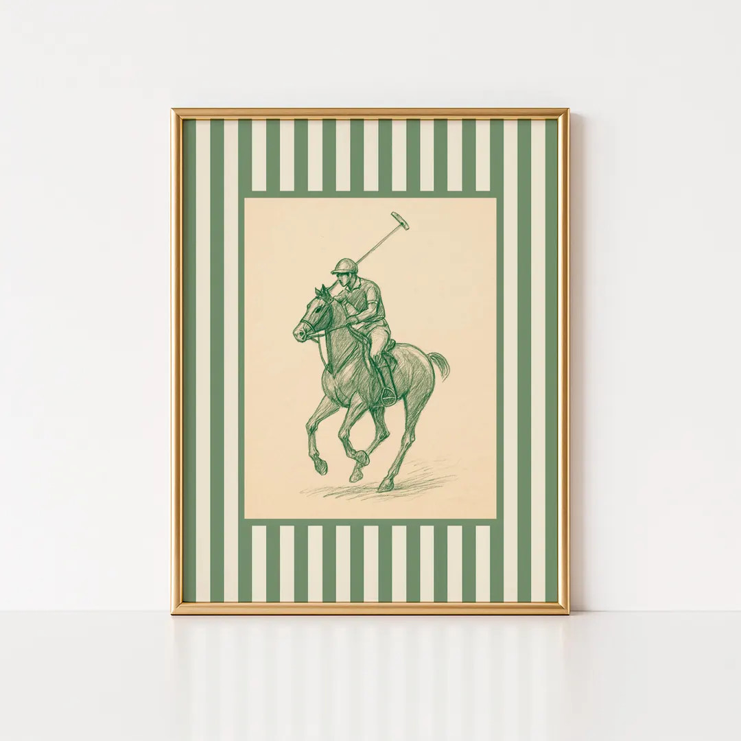 Vintage Polo Player Wall Art Equestrian Trendy Green Striped Western Art Print Traditional Horseb... | Etsy (US)