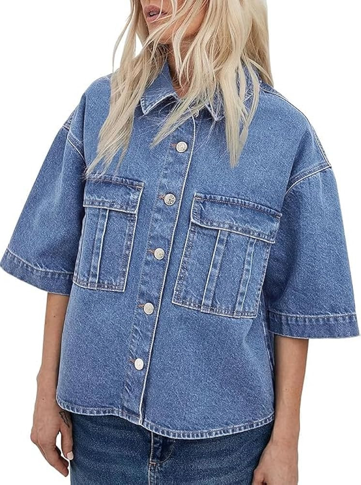 Kedera Womens Button Down Denim Shirts Casual Shirt Casual Collared Short Sleeve Western Pocket C... | Amazon (US)