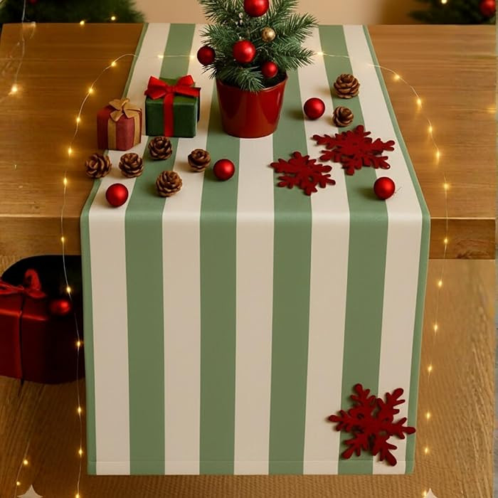 Folkulture Christmas Table Runner 72 Inches Long | Striped White & Sage Green Table-Runner for Ch... | Amazon (US)