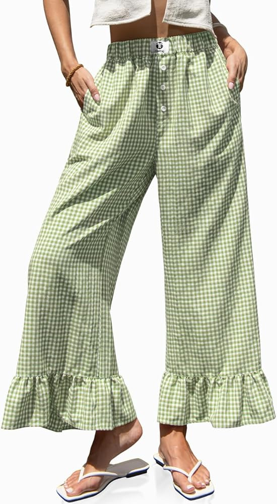 TARSE Women’s Plaid Wide Leg Pants Flared Leg Baggy Drawstring Ruffle Palazzo Pants with Pocket... | Amazon (US)