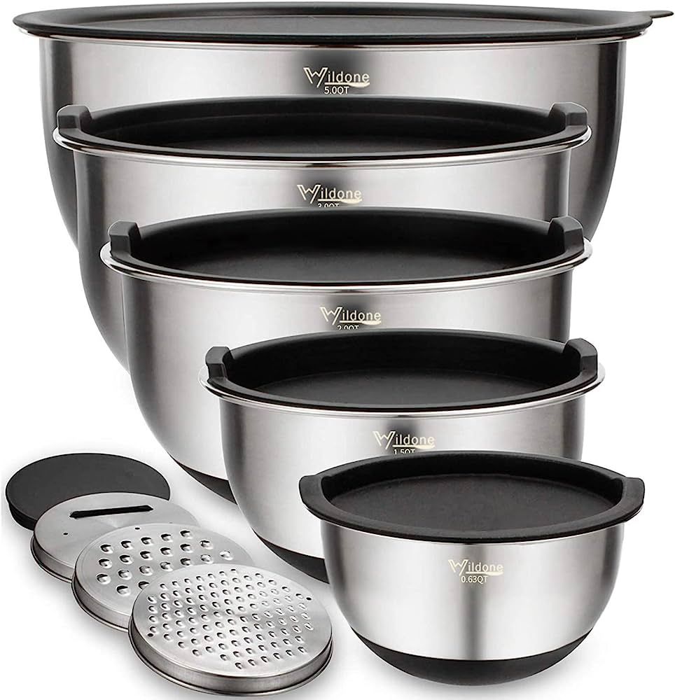 Wildone Mixing Bowls Set of 5, Stainless Steel Nesting Bowls with Lids, 3 Grater Attachments, Measurement Marks & Non-Slip Bottoms, Size 5, 3, 2, 1.5, 0.63 QT, Great for Mixing & Serving | Amazon (US)