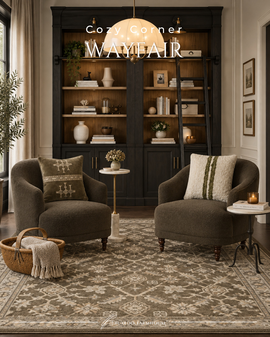 Cozy corner perfection 🤎 I love how the rich, earthy tones, plush seating, vintage-inspired rug and statement bookcase come together for a warm, collected look. So many beautiful Wayfair finds for creating a cozy reading spot that feels elegant and inviting. #LTKHome #LTKStyleTip #WayfairFinds #CozyHome #ReadingNook #HomeDecor #FallHome #TraditionalHome 

 #LTKSeasonal #LTKHome #LTKSaleAlert