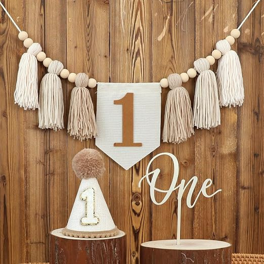 First Birthday Party Decorations Light Brown High Chair Banner 1st Birthday Crown One Cake Topper... | Amazon (CA)