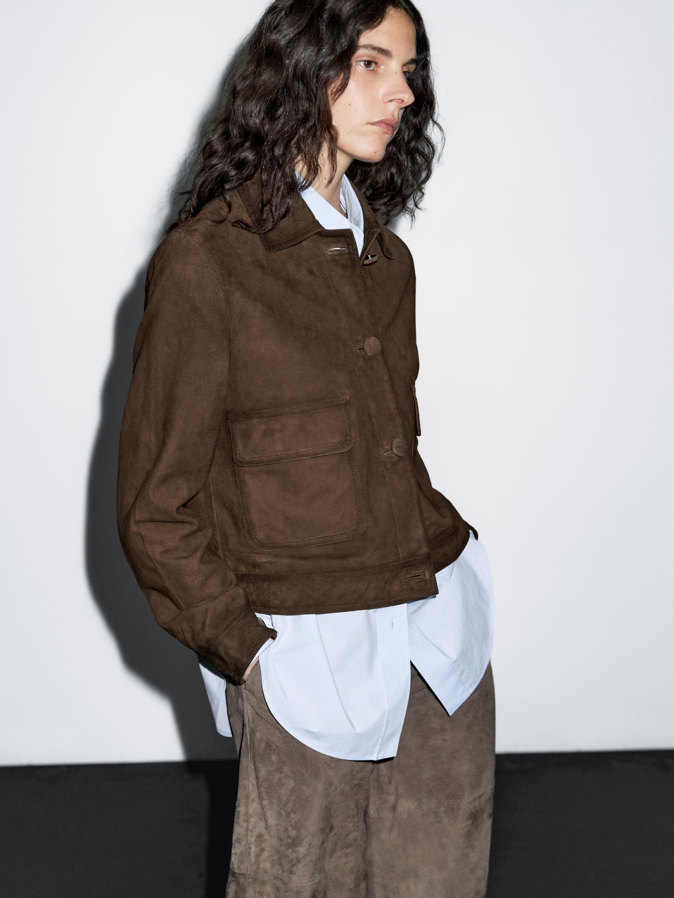 Cropped suede leather-lined jacket with buttons | Massimo Dutti US