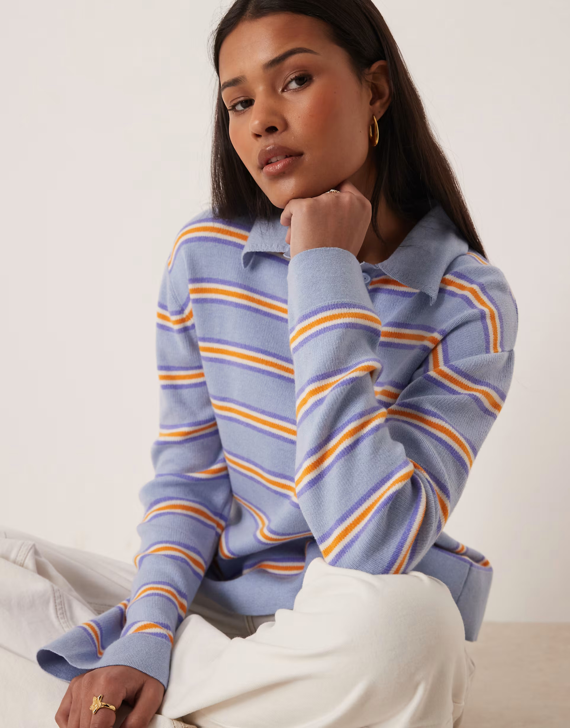 Gina Tricot knitted polo sweater in blue and orange stripe | ASOS (Global)