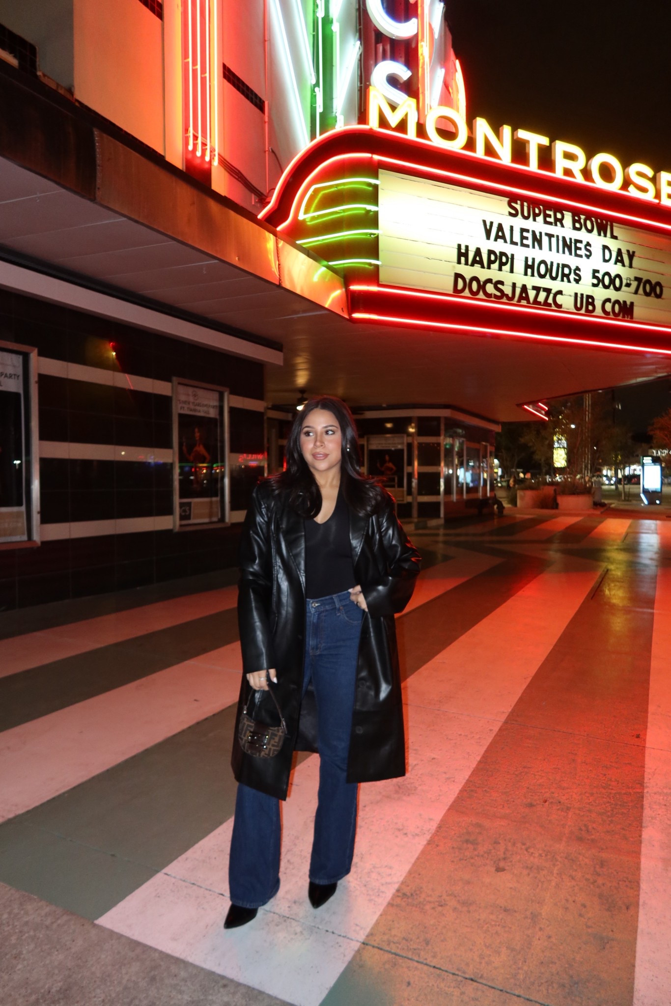 Faux leather coat: small 
Bootcut jeans: 27 short 
Black boots: 6.5 
Fendi mini bag 

#LTKgrwm #LTKPetite #LTKootd
