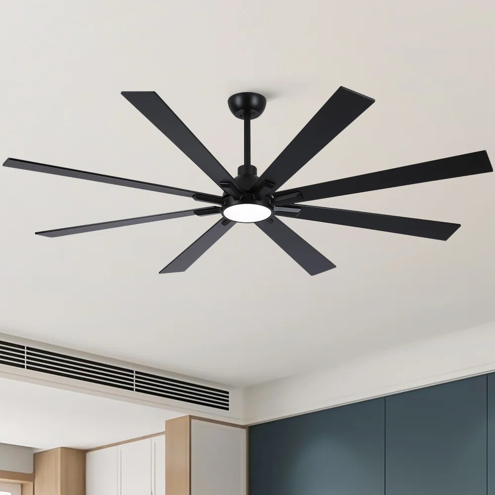 Modern 72" 8-Blade Windmill Indoor Matte Black Ceiling Fan With LED Lights, Remote Control and Qu... | Wayfair North America