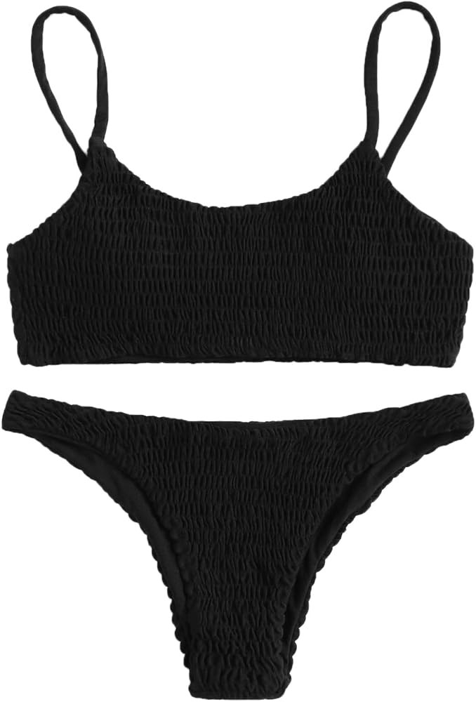 Verdusa Women's 2 Peices Textured Bathing Suit Smocked Wireless Bikini Bandeau Top Thong Swimsuit | Amazon (US)
