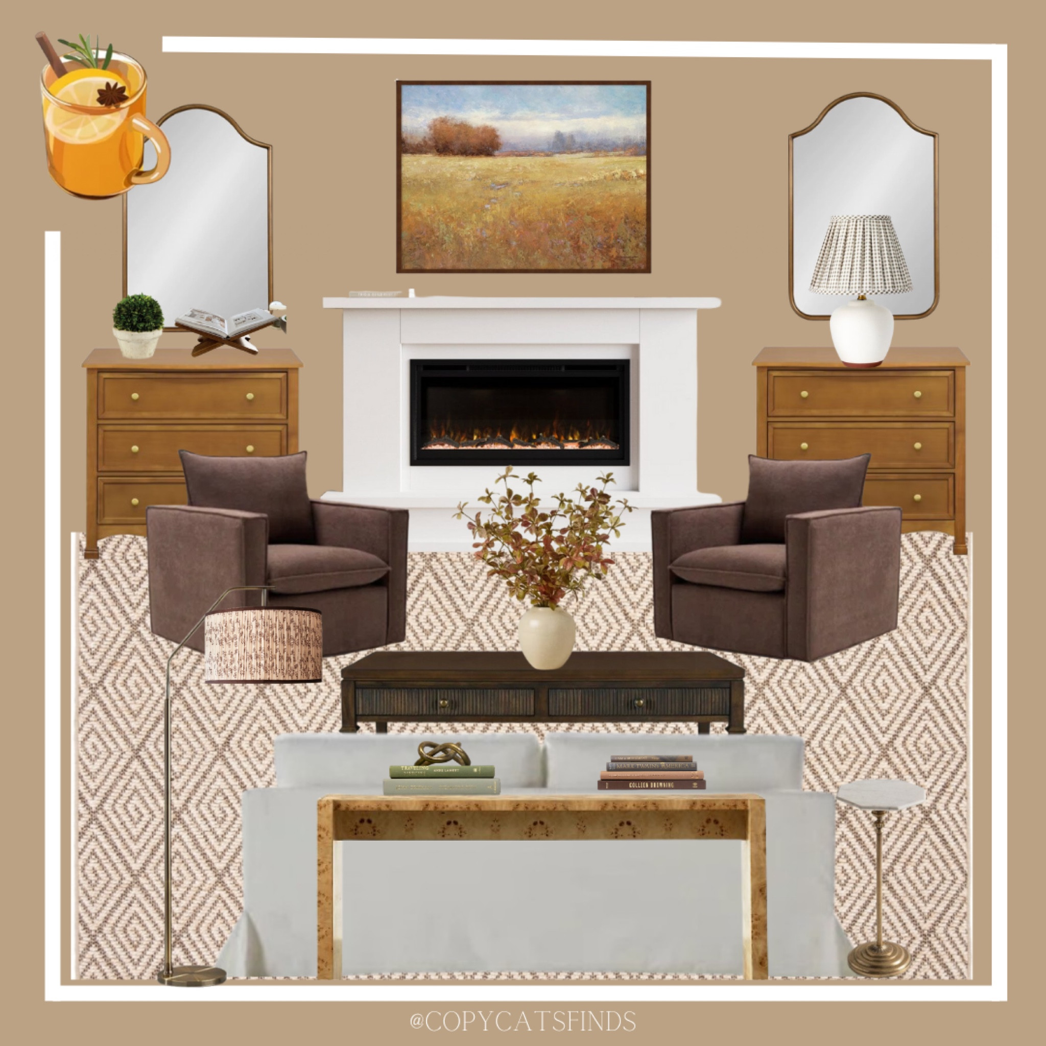 If A Room Were a Cocktail…. The hot toddy! 

Cozy, warm, and ready for fall! 
.
.
.
Home decor, area rug, brown club chairs, living room, fireplace room, room mockup, inspiration for living room, timeless interior design m, furniture finds, dresser, sofa, martini table, coffee table, lamps, fall decor, holiday home decor 

#LTKHome #LTKSeasonal #LTKHoliday