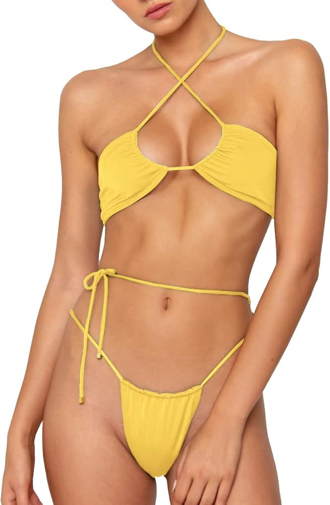 Women Cheeky Bikini Set Halter Thong Solid Color Adjustable Cinched String Two Piece Brazilian Sw... | Amazon (US)