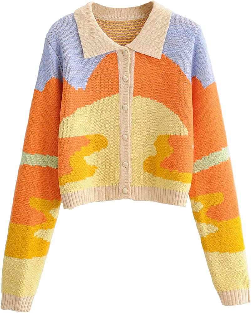 Women's Y2K Floral Print Sweater V Neck Long Sleeve Cardigan Sweater Open Front Button Down Sweet Co | Amazon (US)