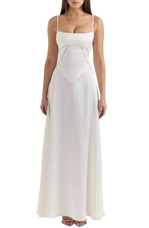 HOUSE OF CB Anabella Lace-Up Satin Gown in Ivory at Nordstrom, Size X-Large A | Nordstrom