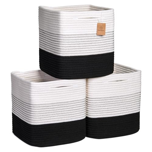 NaturalCozy Storage Cubes 11 Inch Cotton Rope Woven Baskets for Organizing, 3-Pack | Cube Storage Bin | Square Storage Baskets for Shelves Organizer, Classroom, Kids Toy Bins, Closet, Baby Nursery | Amazon (US)
