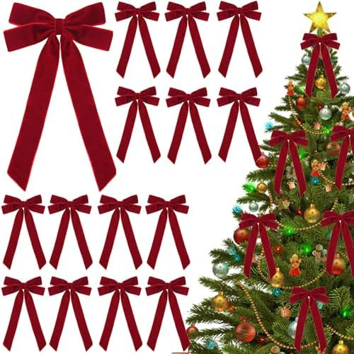 16 Pcs Burgundy Christmas Bows Decor Tree Vintage Velvet Ribbon Bow Wreath Ornaments for DIY Xmas... | Amazon (US)