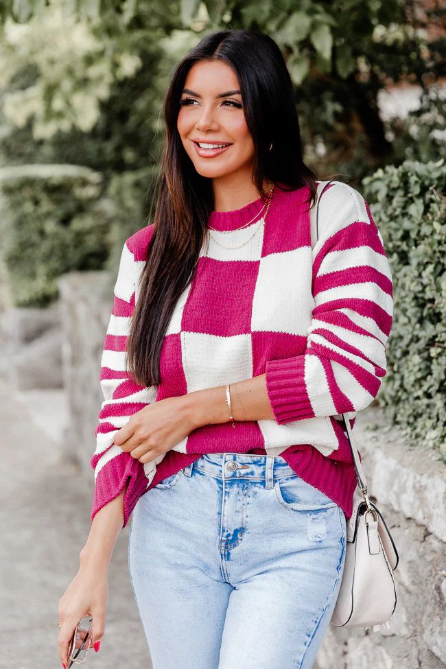 Take Responsibility Plum Chenille Checkered And Striped Sweater | Pink Lily