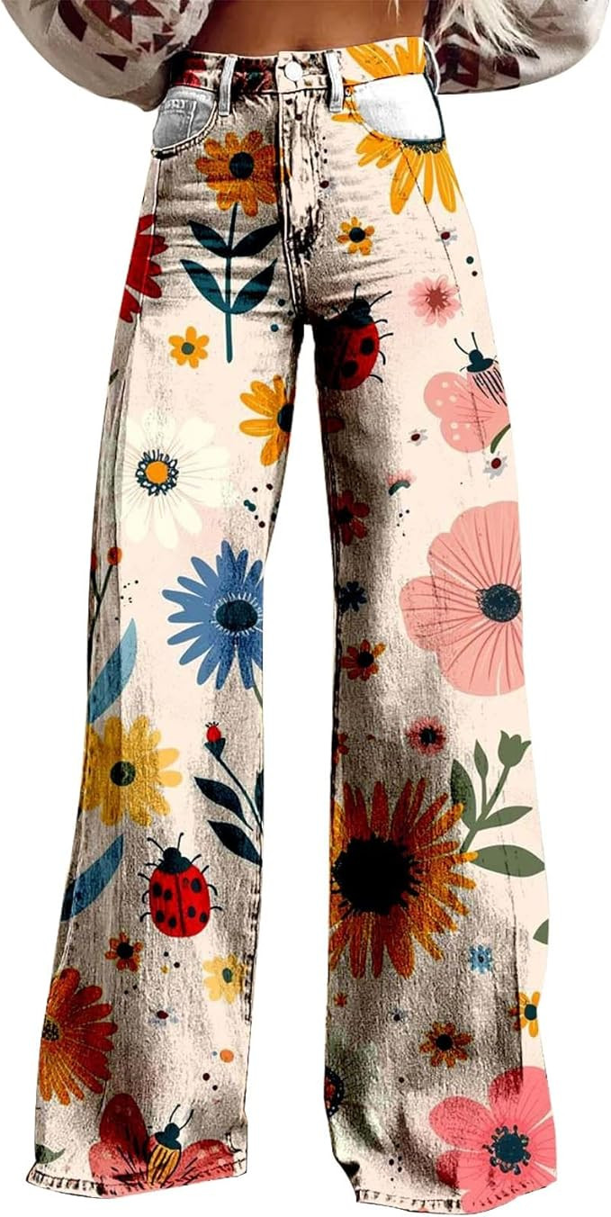 Womens Fashion Trousers Wide Leg High Waist Button Down Loose Cute Printed Long Trousers Going Ou... | Amazon (US)