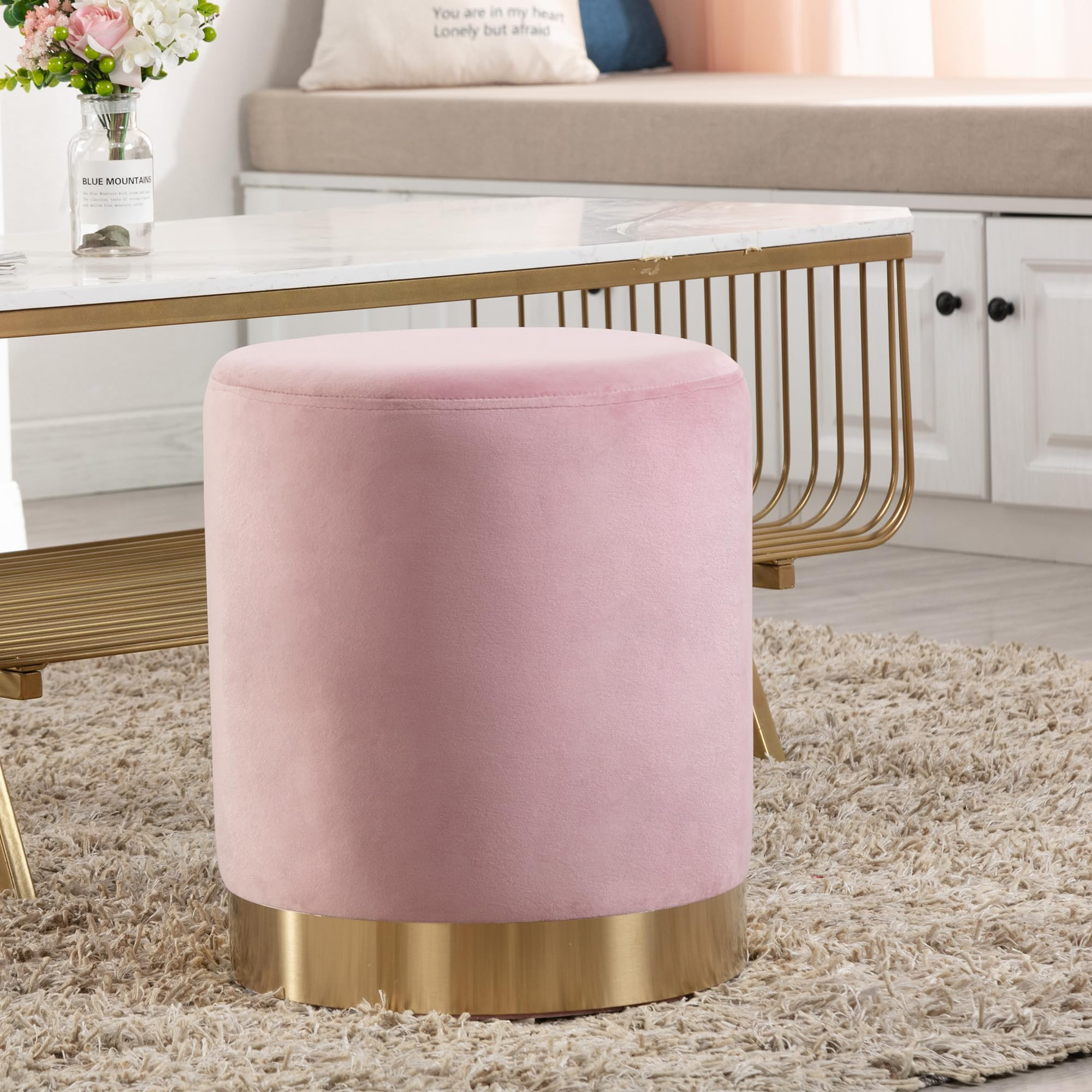 DAGONHIL Modern Round Pink Velvet Ottoman,Upholstered Floor Stools with Gold Plating Base,Accent ... | Amazon (US)