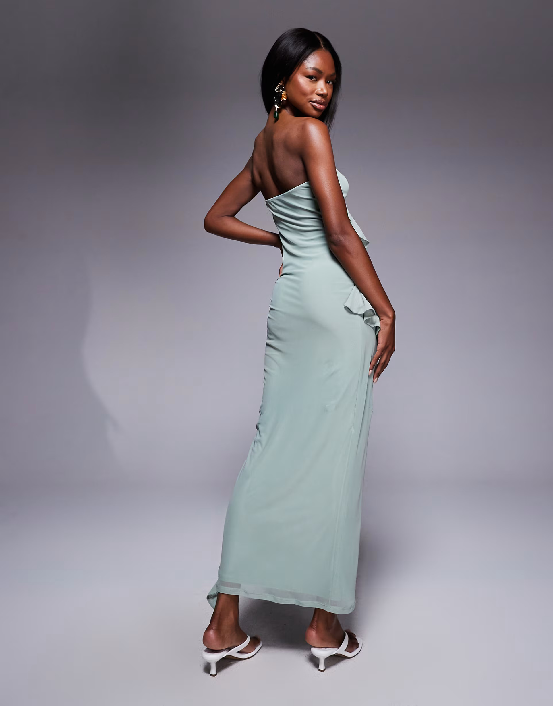 ASOS DESIGN bandeau ruffle midi dress in sage | ASOS (Global)