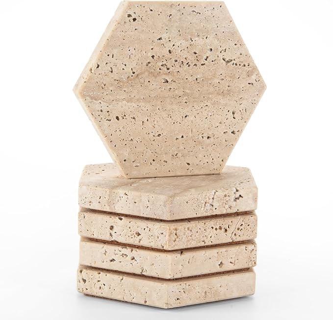WORHE Marble Coasters Hexagon Drink Coasters Set of 5 Natural Cream Travertine Stone Coaster for ... | Amazon (CA)