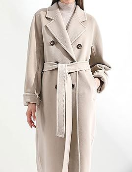 Himosyber Women Wool Blend Pea Coat Camel Notched Collar Double Breasted Long Outerwear Jacket | Amazon (US)