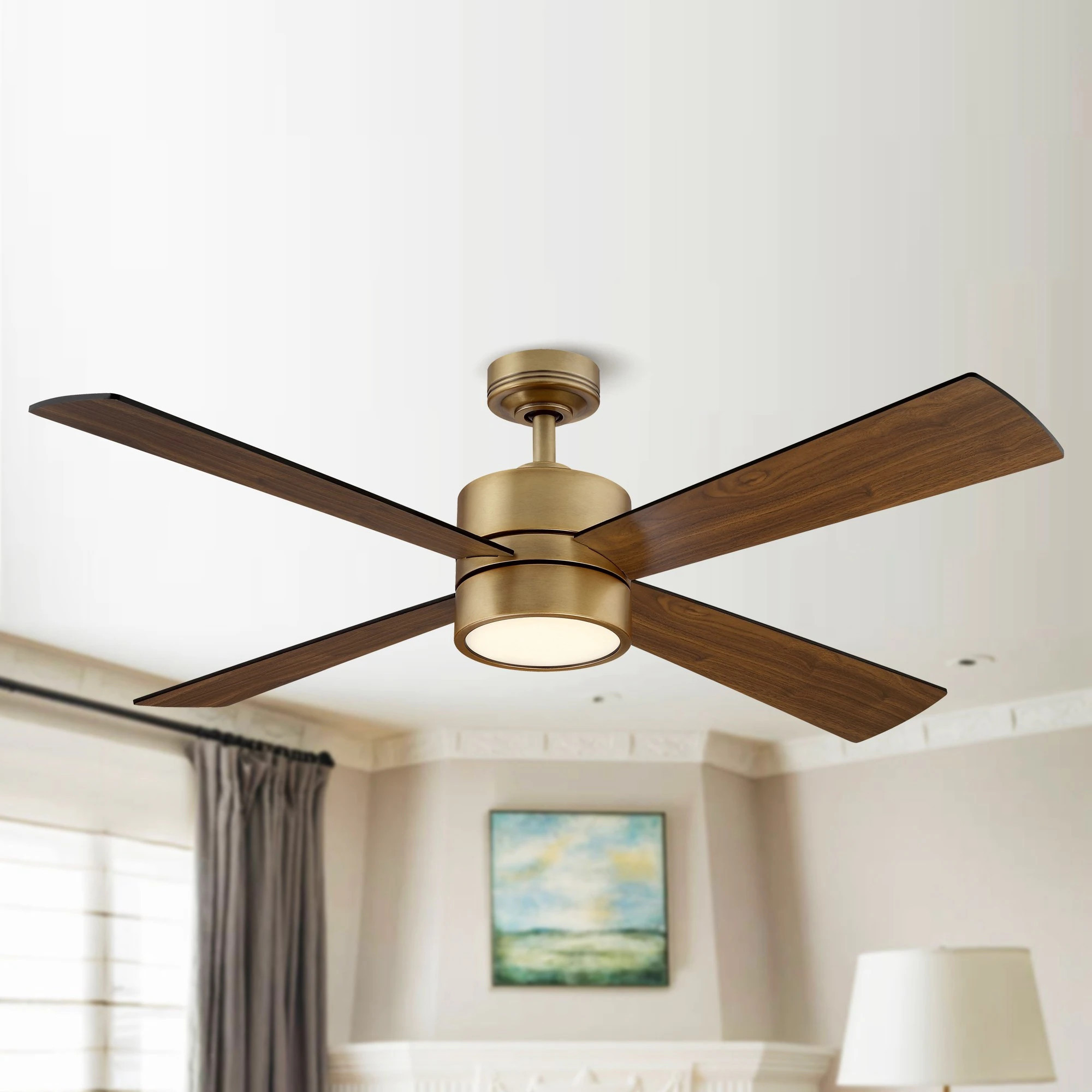 52" Wooden 4-Blade Antique Brass Ceiling Fan with Light and Remote | Bed Bath & Beyond
