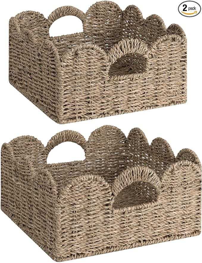 StorageWorks Wicker Storage Baskets, Hand-Woven Basket for Shelves, Scalloped Edge Basket with Ha... | Amazon (US)
