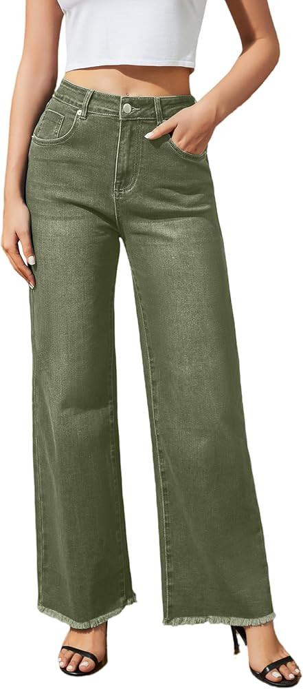 Women's Wide Leg Jeans High Waisted Strechy Jeans for Women Straight Raw Hem Loose Casual Denim | Amazon (US)