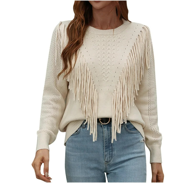 Women's Fringe Sweaters Cute Boho Tassel Crewneck Pullovers 2023 Fall Fashion Tops Solid Color Wi... | Walmart (US)