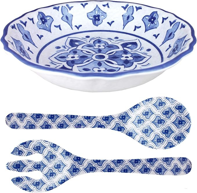 Le Cadeaux Melamine 13.75 Inch Salad Bowl and Servers Set, Moroccan Blue | Amazon (US)