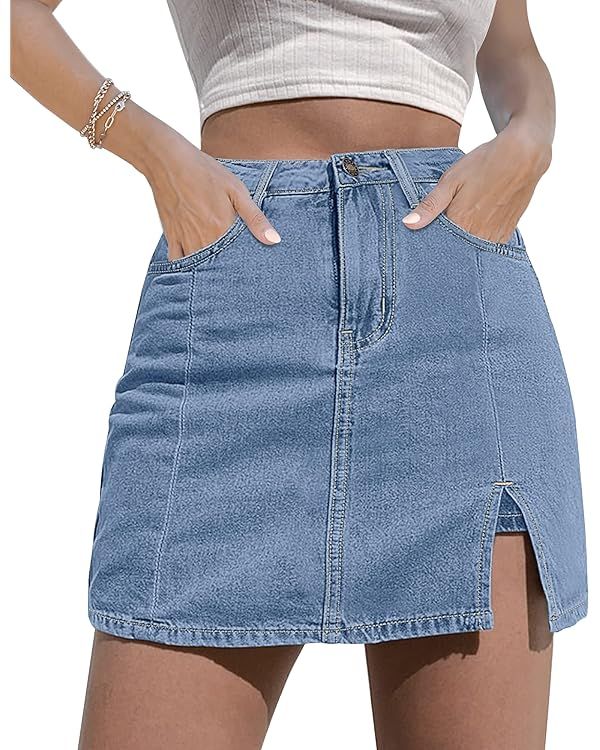 luvamia Skorts Skirts for Women Denim Mini Skirt Side Slit with High Waisted Jean Shorts Stretchy | Amazon (US)