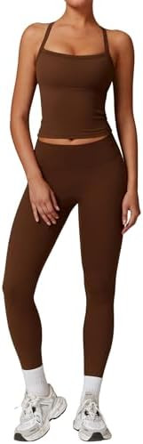 Womens Workout Sets Two Piece Cross Back Tank Top Matching High Waist Leggings Sets Gym Outfits W... | Amazon (US)