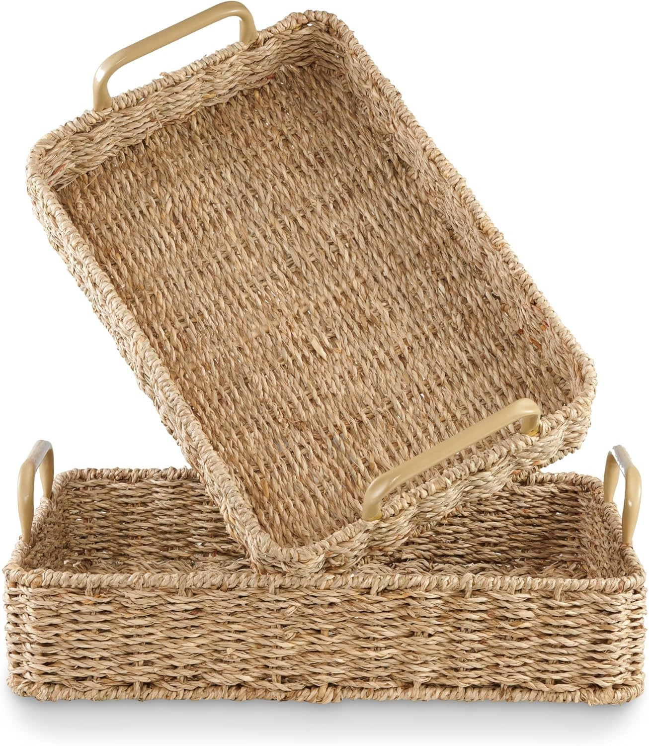 Set of 2 Rectangular Seagrass Trays with Handles - Decorative Trays for Coffee Table, Ottoman, Di... | Amazon (US)