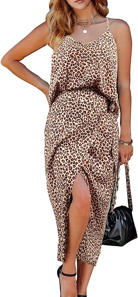 PRETTYGARDEN Women's Summer Leopard 2 Piece Outfit Dress Spaghetti Strap V Neck Tops Elastic Waist B | Amazon (US)