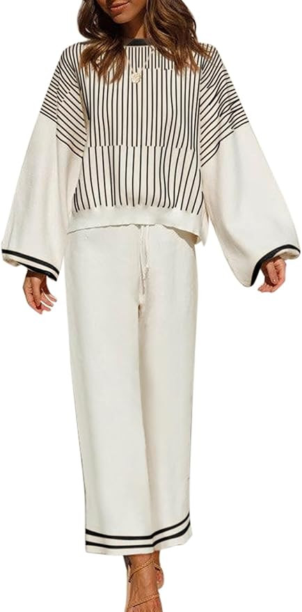 EVALESS 2 Piece Outfits for Women Casual Striped Knit Lounge Sets Fall Long Sleeve Sweater Tops W... | Amazon (US)