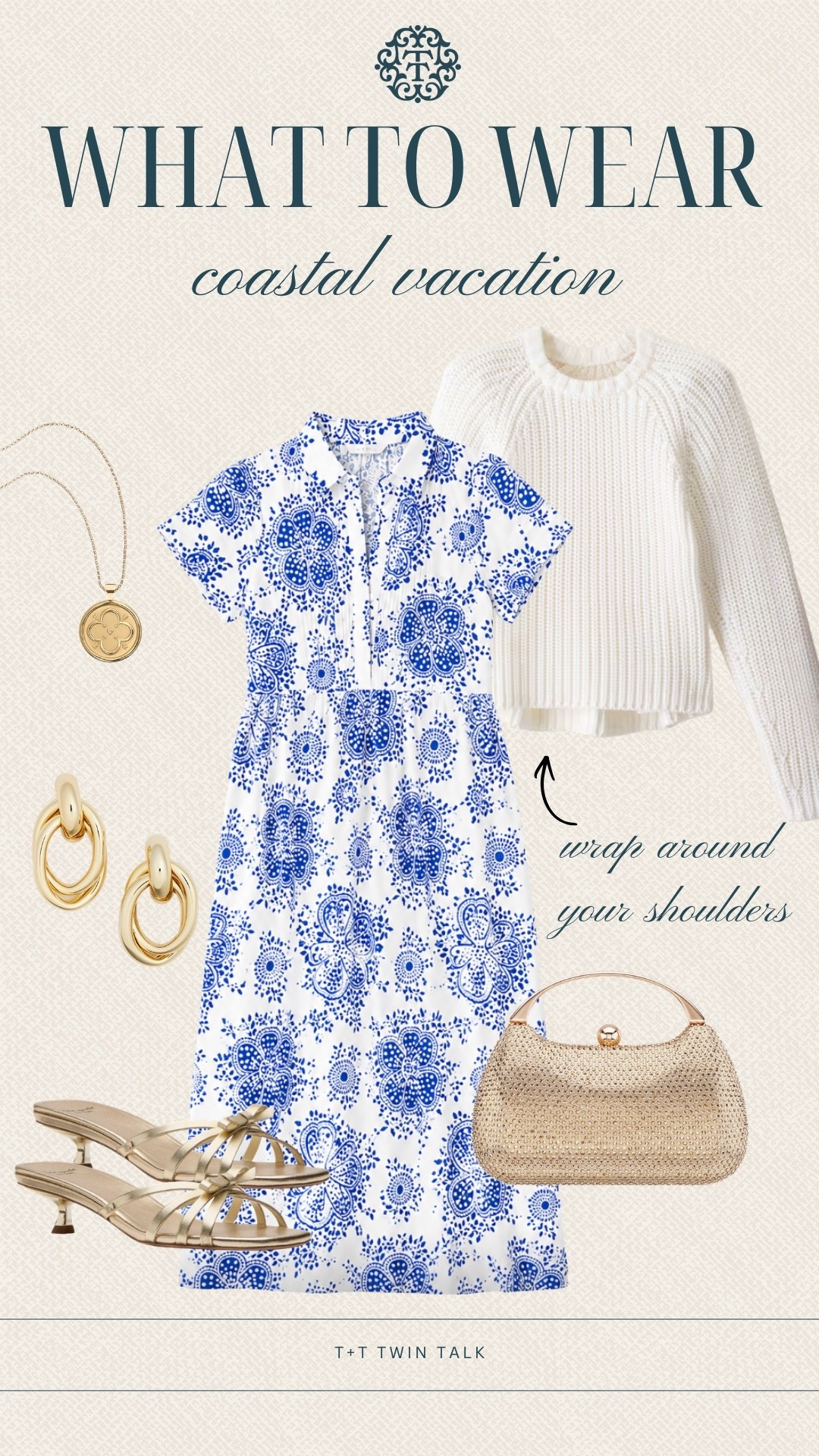 T+T What to wear for a coastal vacation. This blue and white dress is beautiful for dinner by the water, and we love the sweater wrapped around the shoulders for cooler evenings. Add a gold heel and pretty accessories, and you have a vacation look that feels classic and ready for summer plans.

#LTKootd #LTKgrwm #LTKdayinmylife