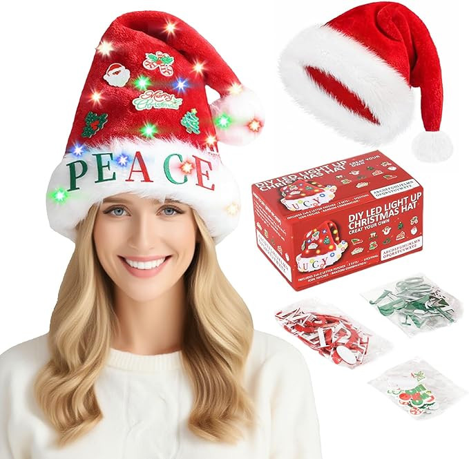 Light Up Santa Hat with DIY Stickers, Extra Thick Velvet Christmas Hat for Adults Unisex for New ... | Amazon (US)