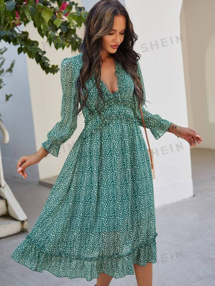 SHEIN VCAY All Over Print Frill Trim Dress | SHEIN USA | SHEIN