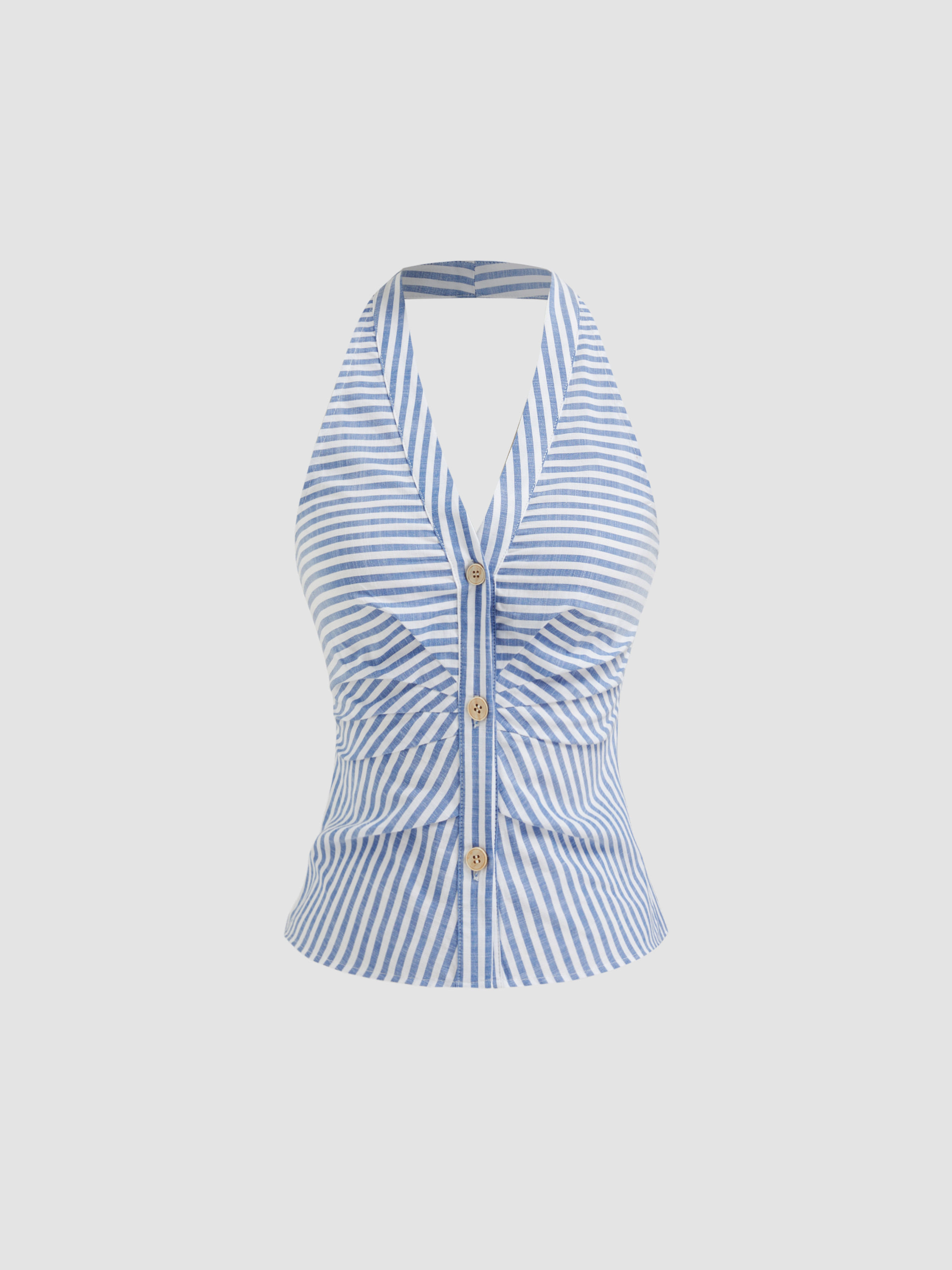 Woven Cotton-blend Halter V-neck Stripe Ruched Blouse For Daily Casual | Cider