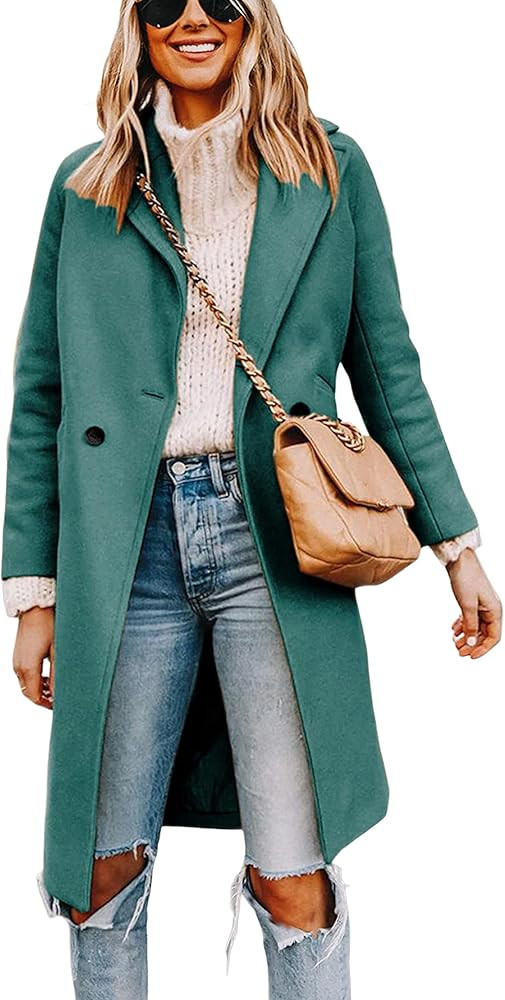 Tanming Women's Notch Lapel Double Breasted Wool Blend Mid Long Pea Trench Coat | Amazon (US)