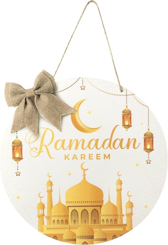 L1rabe Ramadan Kareem Hanging Ornament - Eid Mubarak Wreath Wooden Hanging Door Sign Decorations ... | Amazon (US)